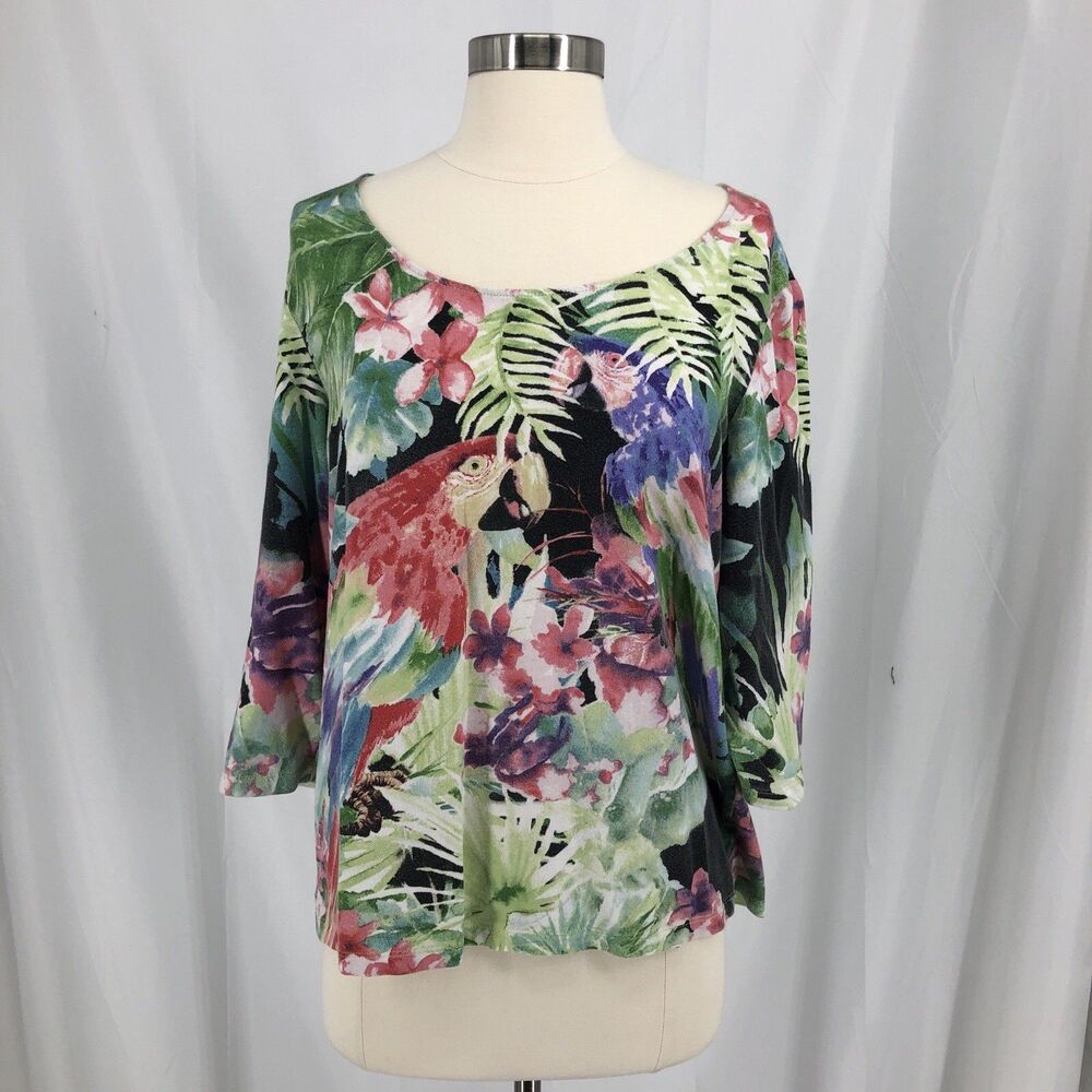 Womens Multicolor Chicos Tropical Top Blouse Parrot Print 3/4 Sleeve Size 2